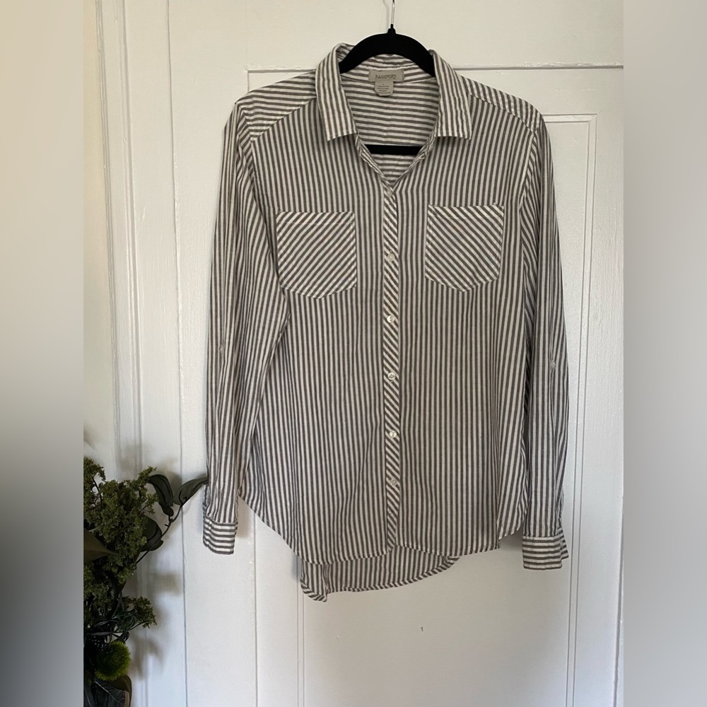 Passport Grey and White Linen Striped Button Down Casual Shirt, Sz L